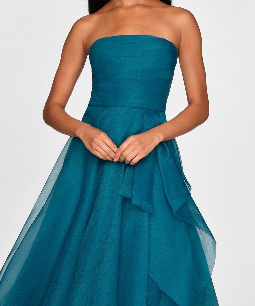 Strapless Ruched Organza A-Line Evening Gown
