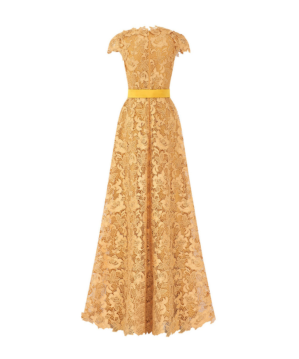 Golden Lace V-Neck Cap Sleeve Long Formal Evening Gown With Satin Bow Sash