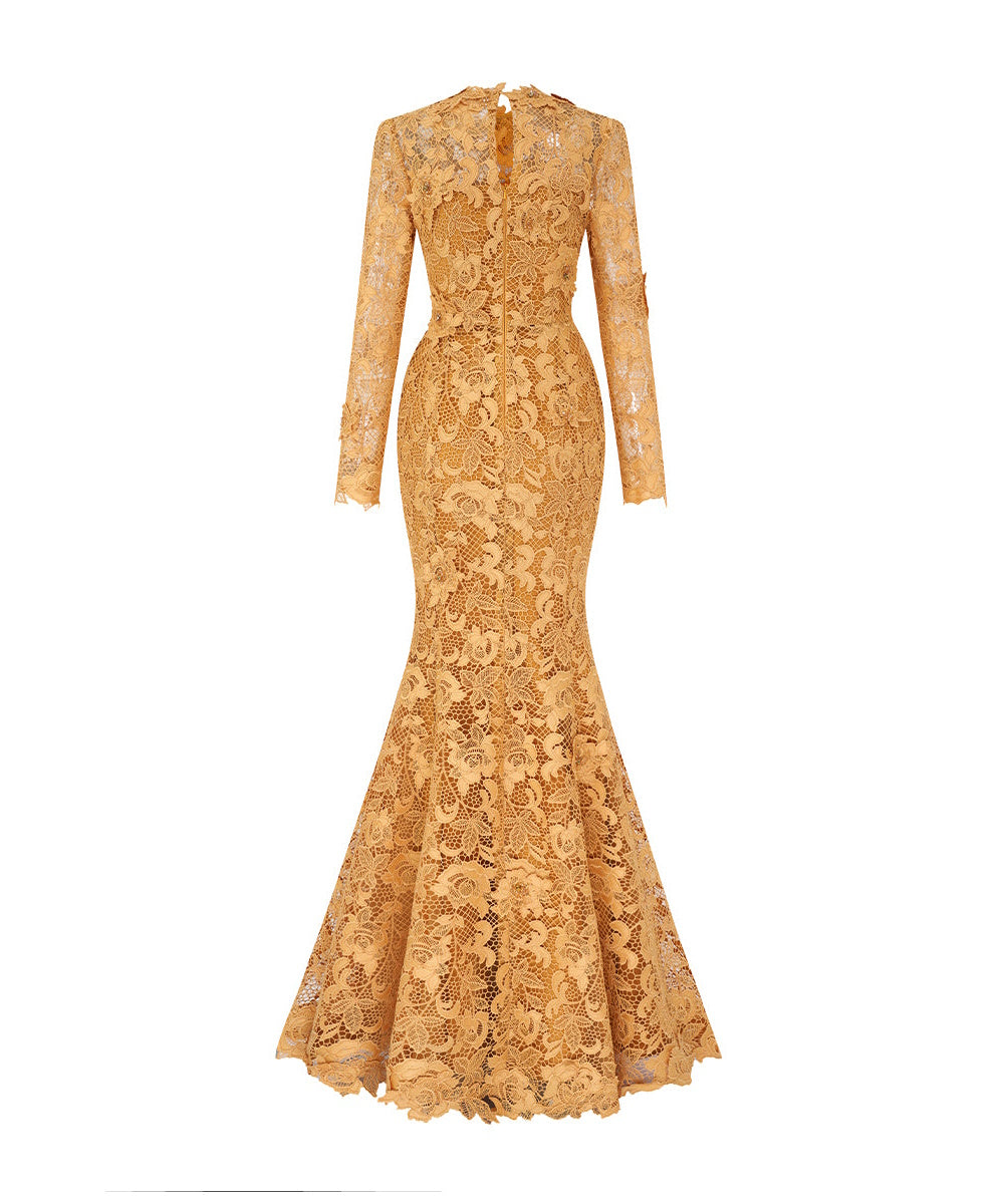 Golden Lace High Neck Long Sleeve Mermaid Formal Evening Gown