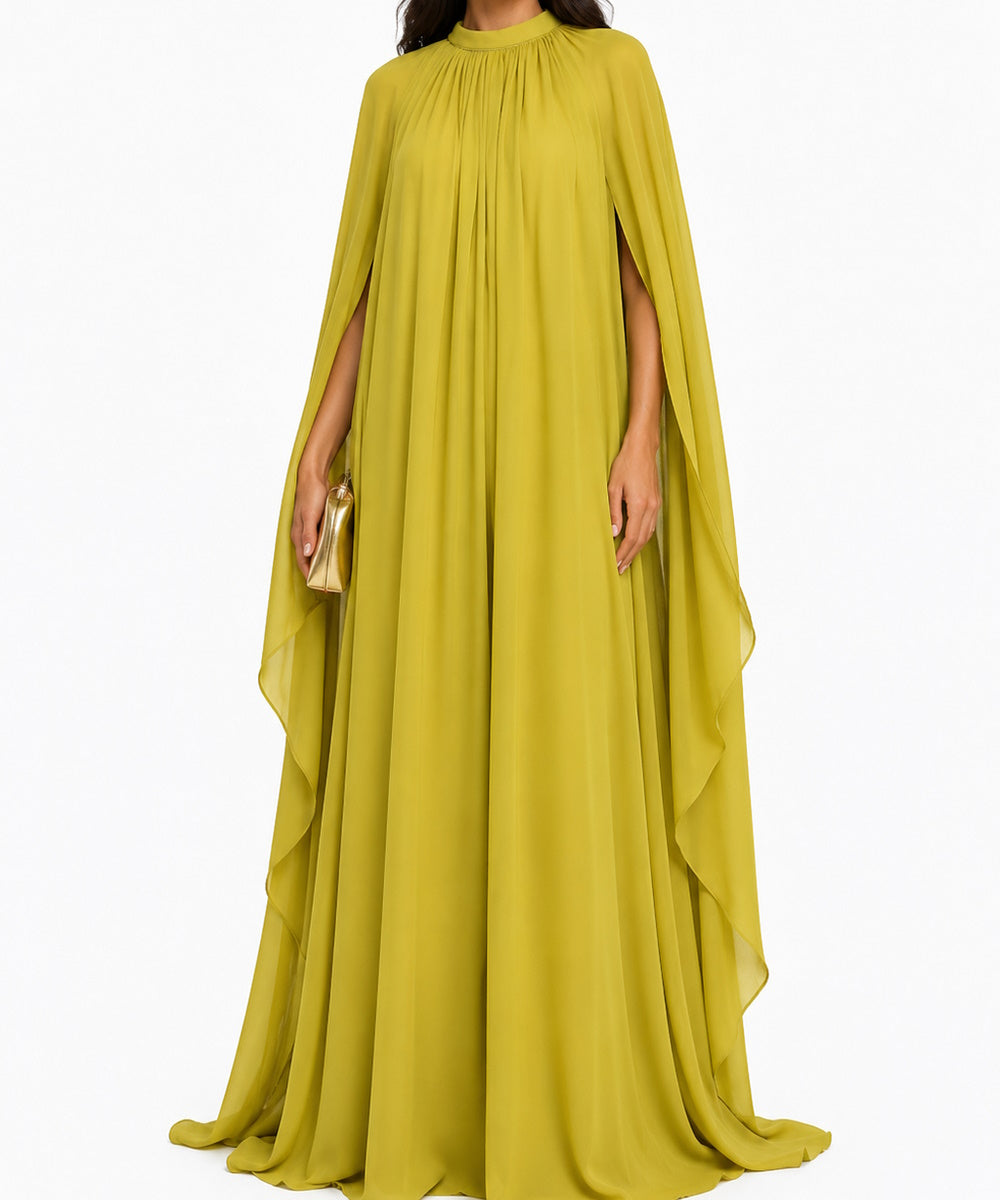 High Neck Flowy Chiffon Cape Sleeve Loose Maxi Evening Gown