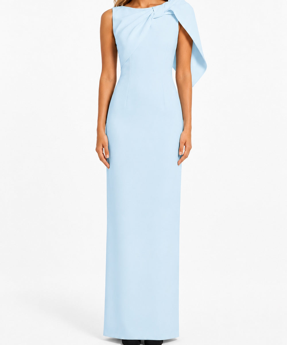 Light Blue Asymmetric Draped Cape Shoulder Column Maxi Gown