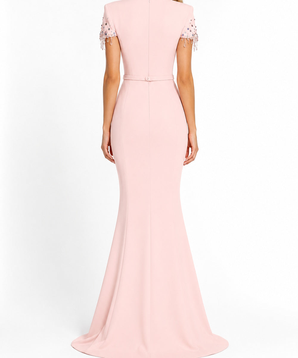 Blush Pink Crystal Tassel Short Sleeve Mermaid Train Evening Gown