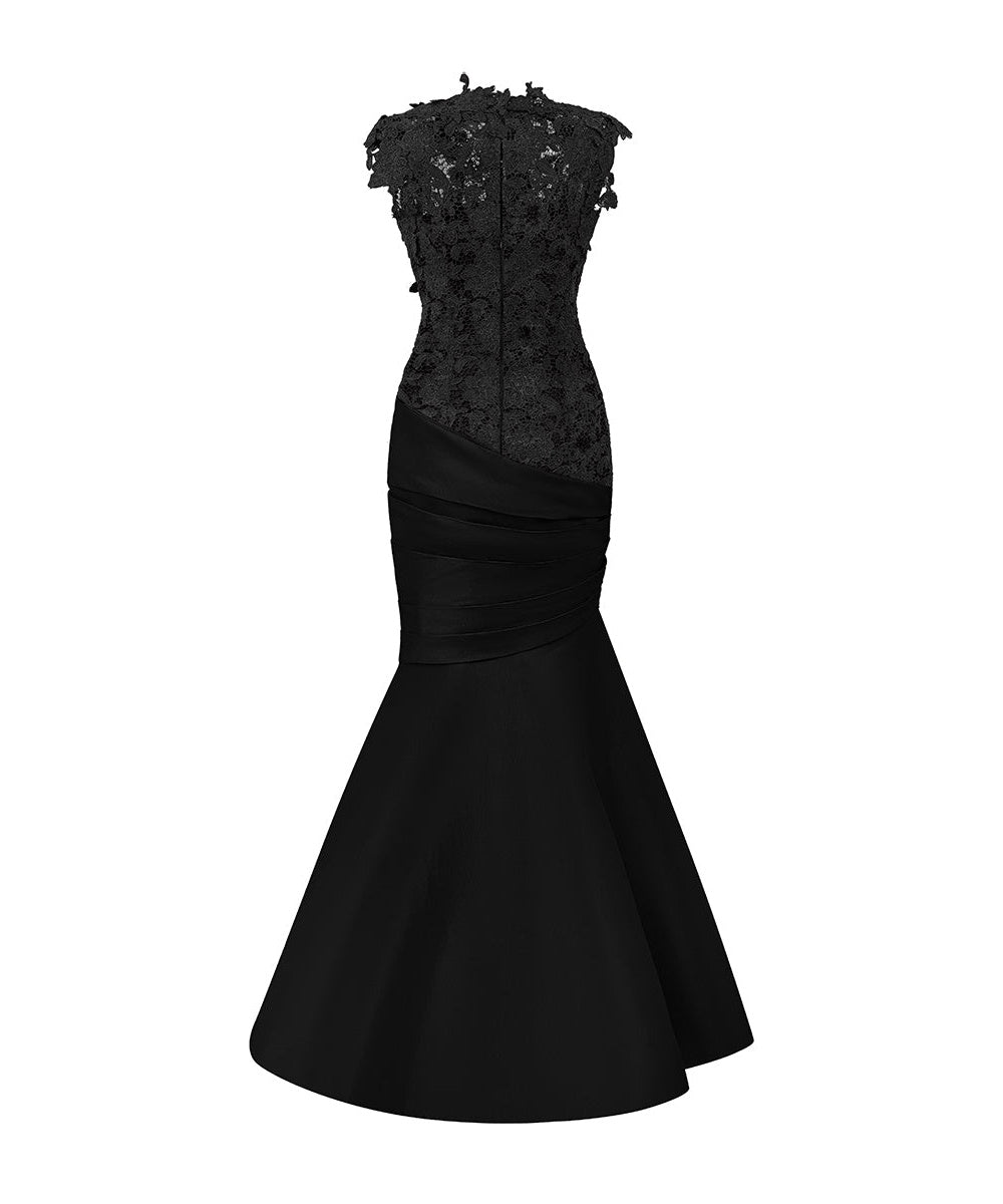High Neck Lace Cap Sleeve Mermaid Satin Evening Gown