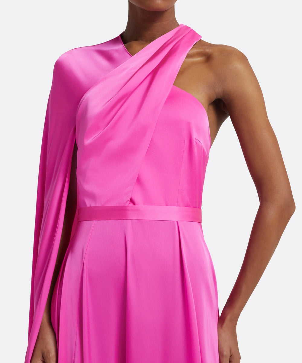 Hot Pink Asymmetric One Shoulder Cape Sleeve Satin A-Line Maxi Evening Gown With Waist Belt