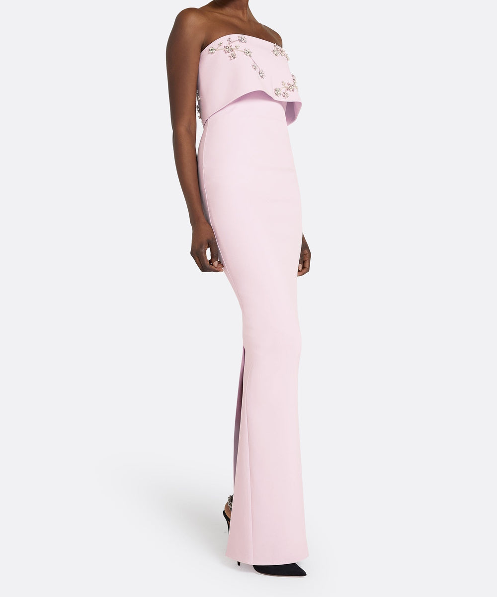 Blush Pink Strapless Ruffle Floral Pearl Crystal Slit Column Gown
