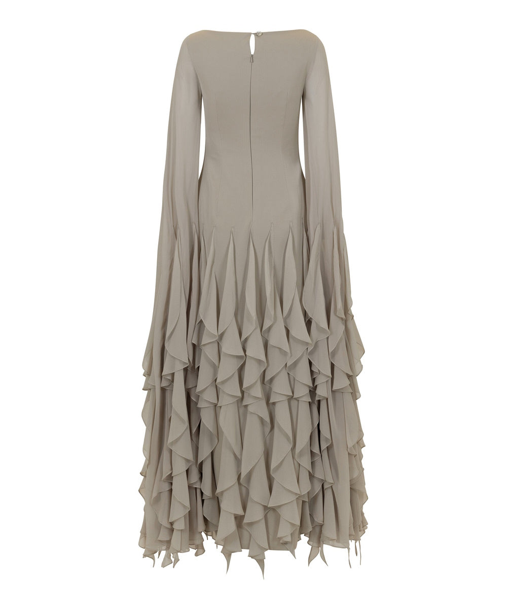 Taupe Square Neck Bell Sleeve Tiered Ruffle Chiffon Maxi Dress