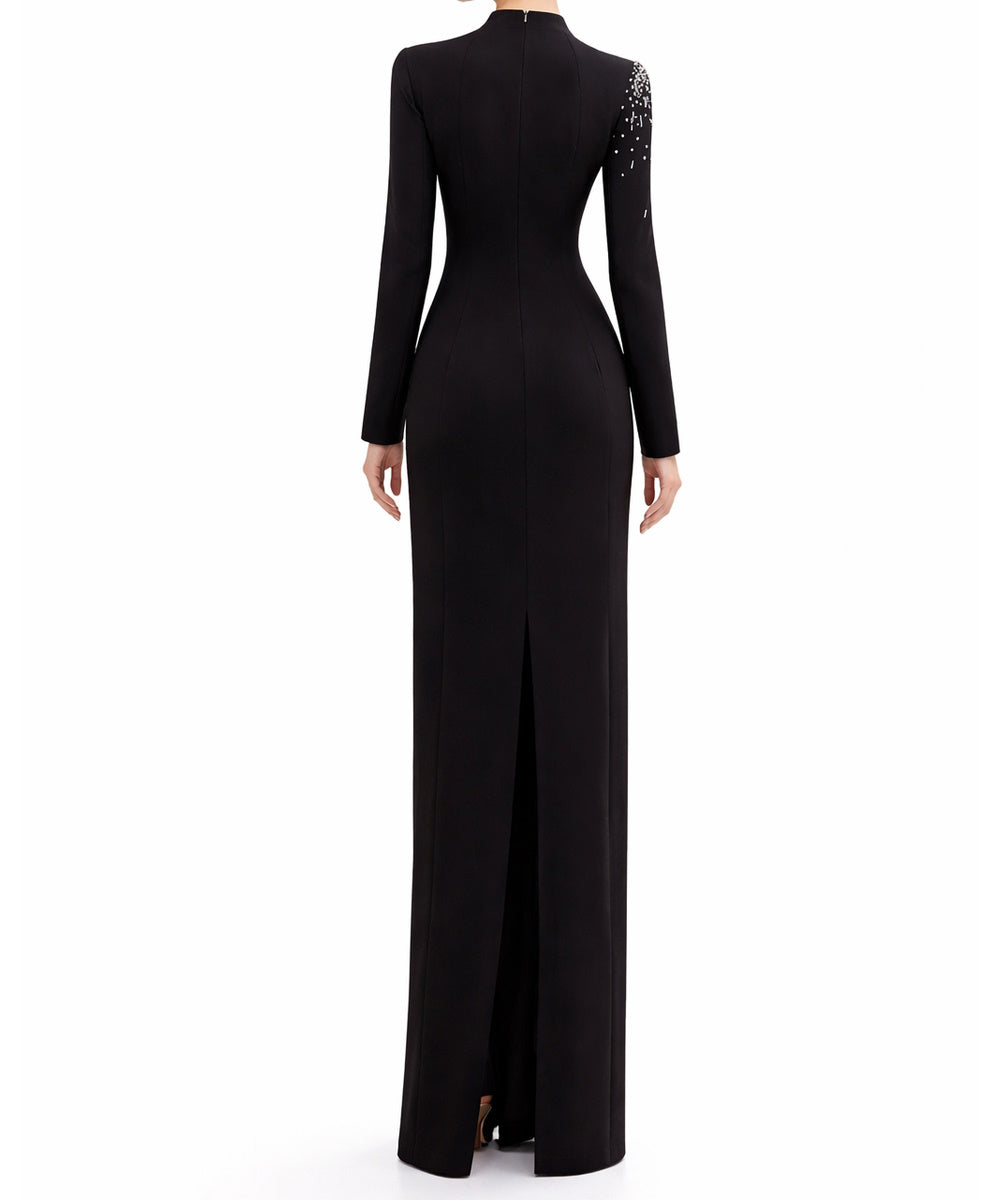 Black Asymmetric Mesh Cutout Rhinestone Long Sleeve Mermaid Evening Gown