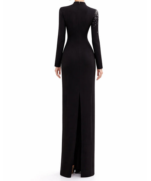 Black Asymmetric Mesh Cutout Rhinestone Long Sleeve Mermaid Evening Gown