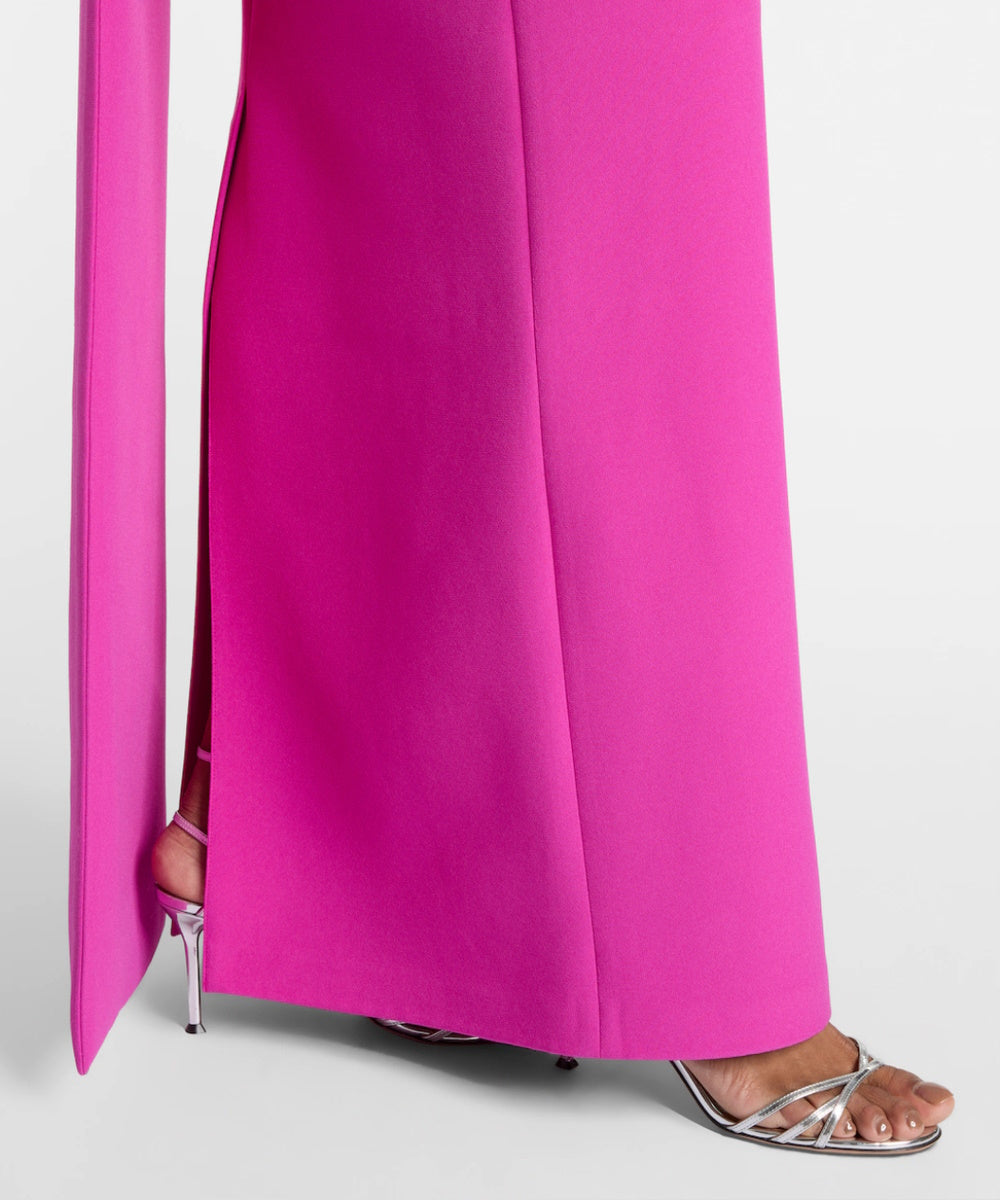 Off Shoulder Crystal Flower Embellished Crepe Formal Maxi Dress