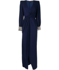 Navy Deep V Twist Waist Beaded Cuff Long Sleeve Maxi Evening Gown