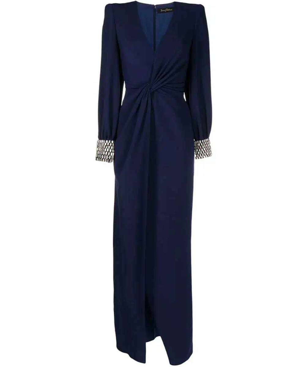 Navy Deep V Twist Waist Beaded Cuff Long Sleeve Maxi Evening Gown