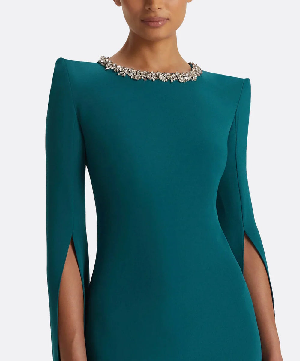 Teal Structured Shoulder Crystal Neck Split Sleeve Formal Maxi Dress
