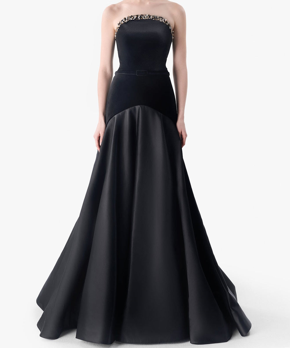 Black Strapless Beaded Velvet & Satin Ball Gown