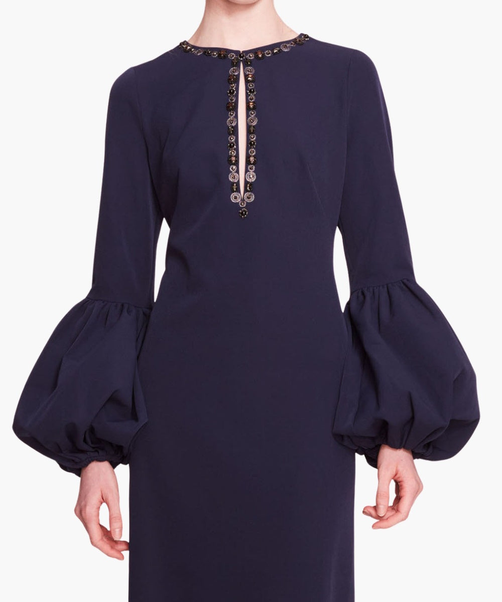 Navy Beaded Keyhole Column Gown With Puff Balloon Long Sleeves