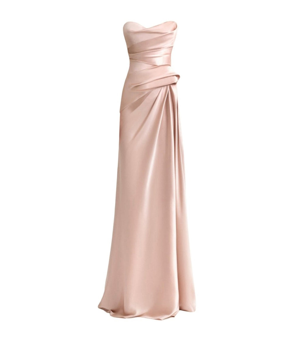 Dusty Pink Strapless Draped Satin Mermaid Evening Maxi Gown