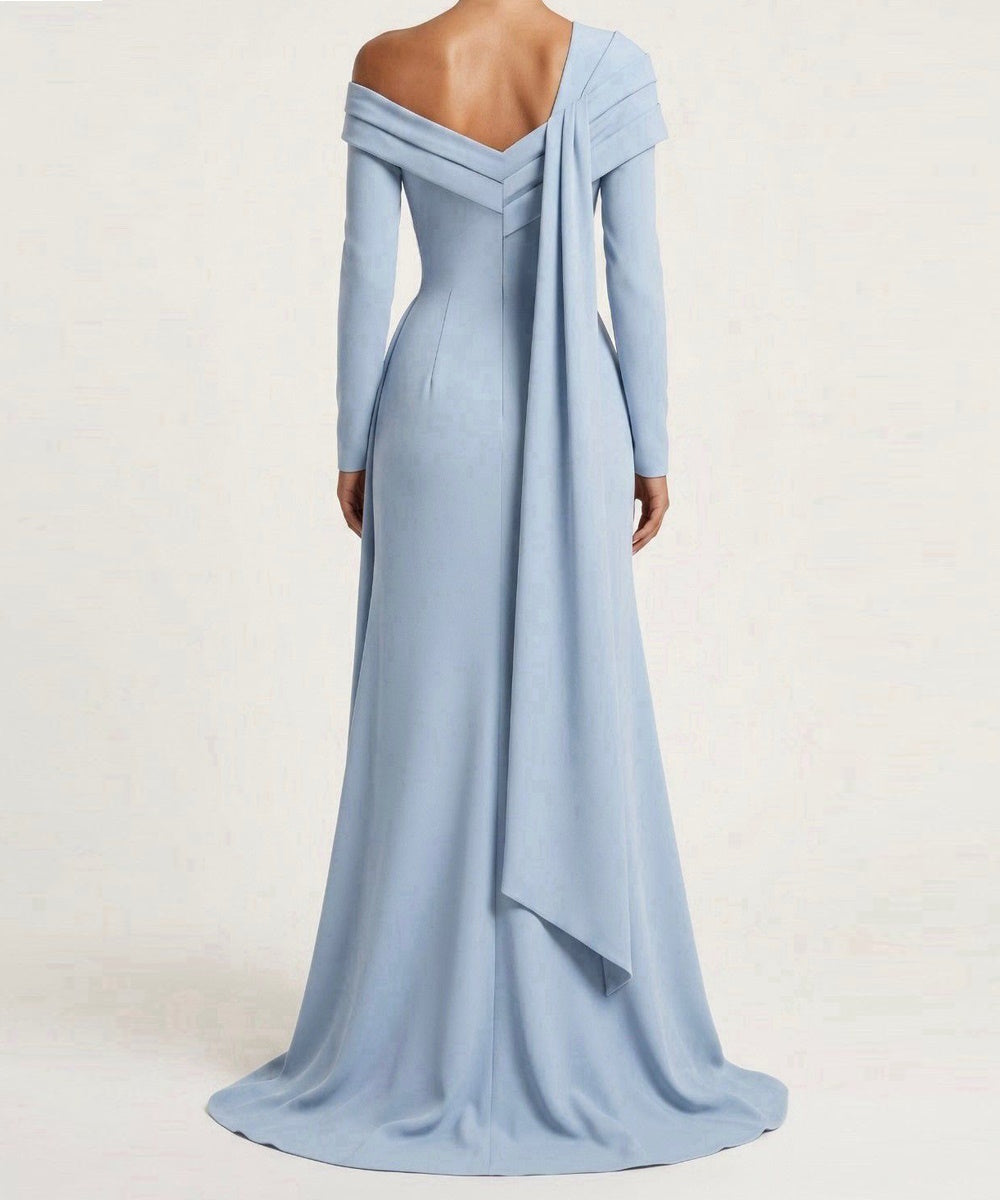 Dusty Blue Off Shoulder Cross Draped Long Sleeve Mermaid Evening Gown