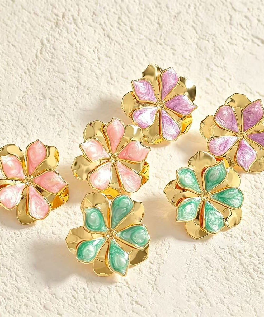 Two Layer Enamel Floral Gold Statement Stud Earrings Multi Pastel Colors