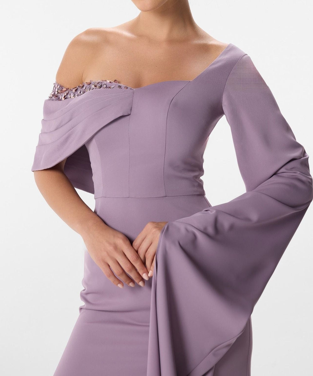 Dusty Lavender Asymmetric Off Shoulder Sequin Trim Flared Sleeve Mermaid Evening Gown