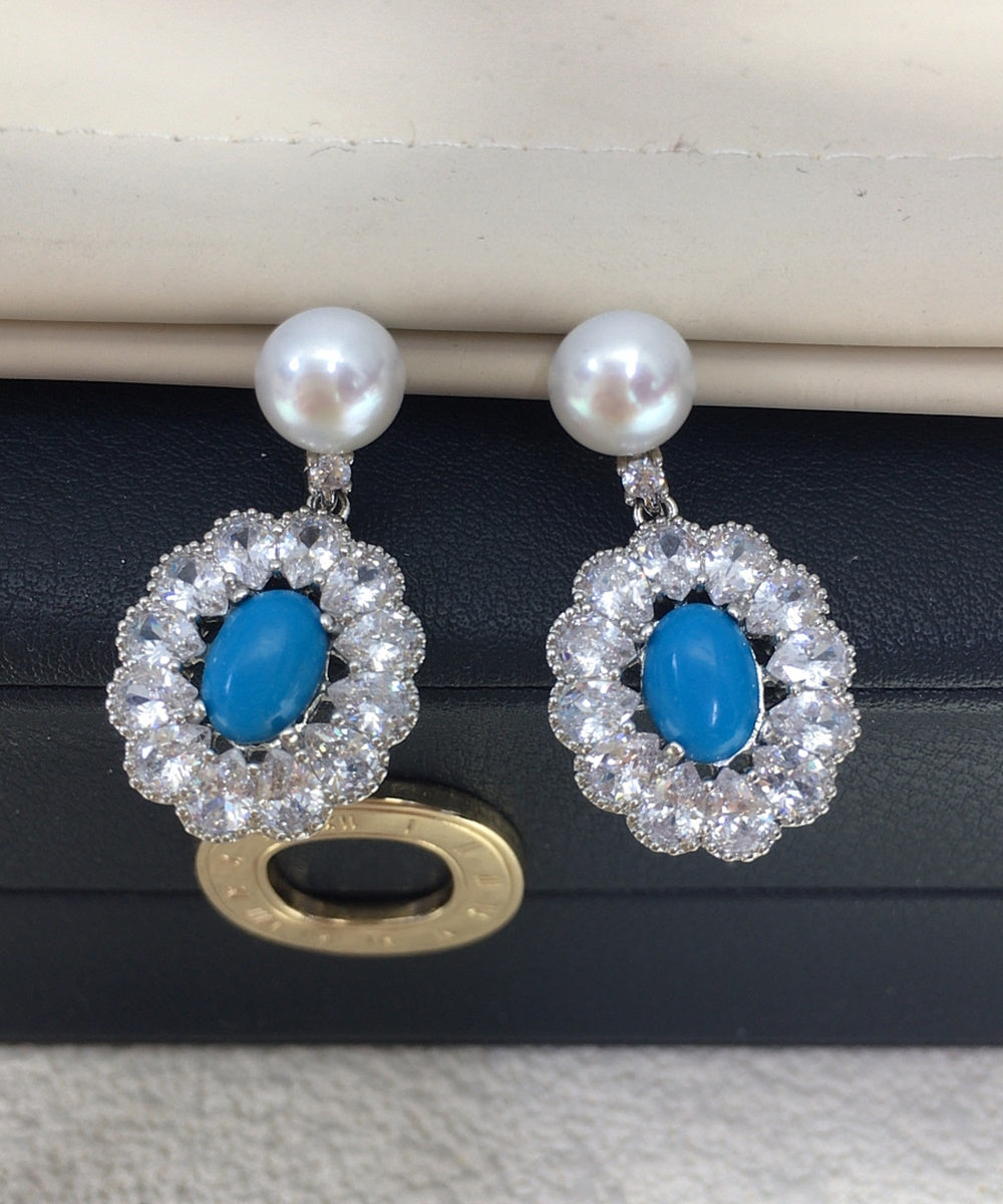 Vintage Oval Turquoise Halo Crystal Pearl Drop Dangle Earrings