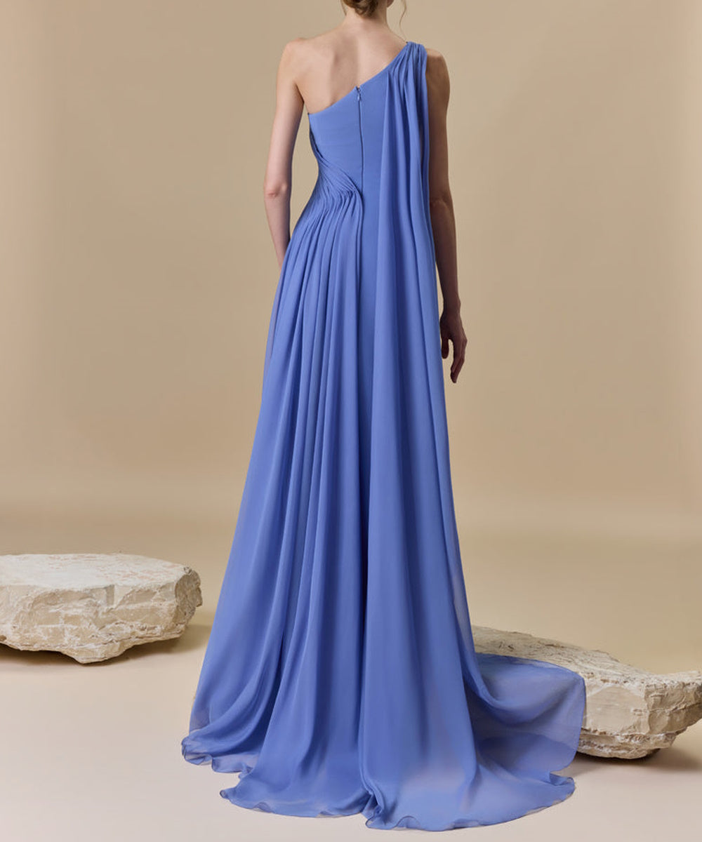 One Shoulder Draped Chiffon A-Line Evening Gown