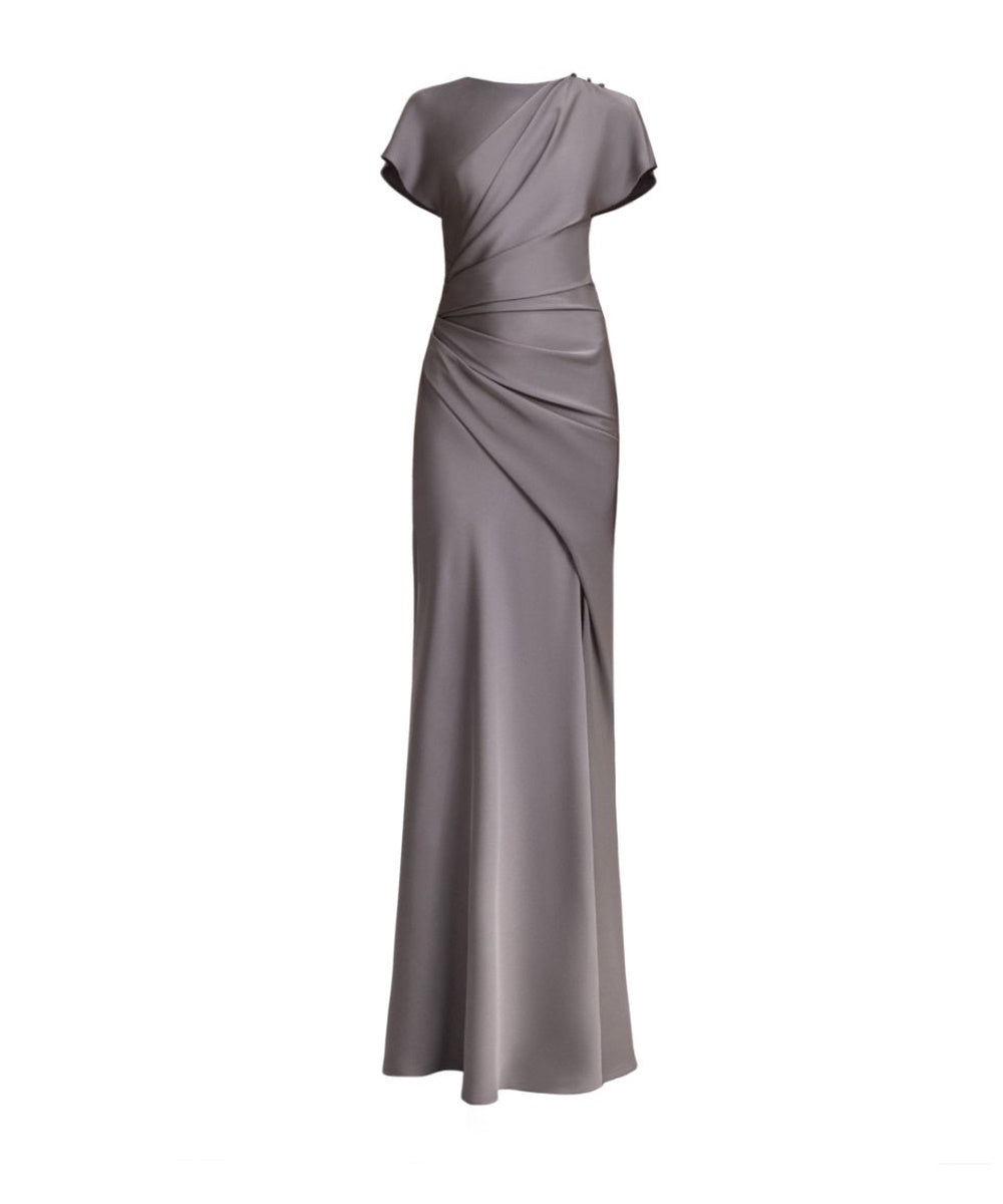 Grey Satin Cap‑Sleeve Draped Mermaid Formal Maxi Evening Gown