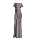 Grey Satin Cap‑Sleeve Draped Mermaid Formal Maxi Evening Gown