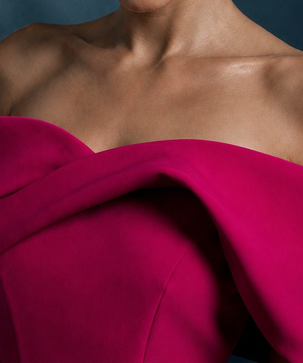 Fuchsia Off‑The‑Shoulder Draped Mermaid Evening Gown With Belt & Side Bow Detail