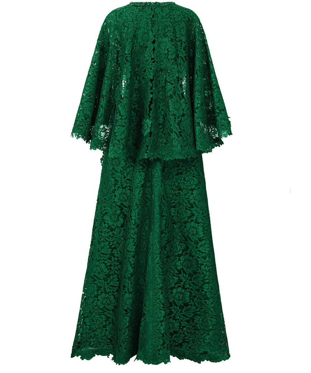 Emerald Green Lace Cape Maxi Formal Evening Gown With Belt