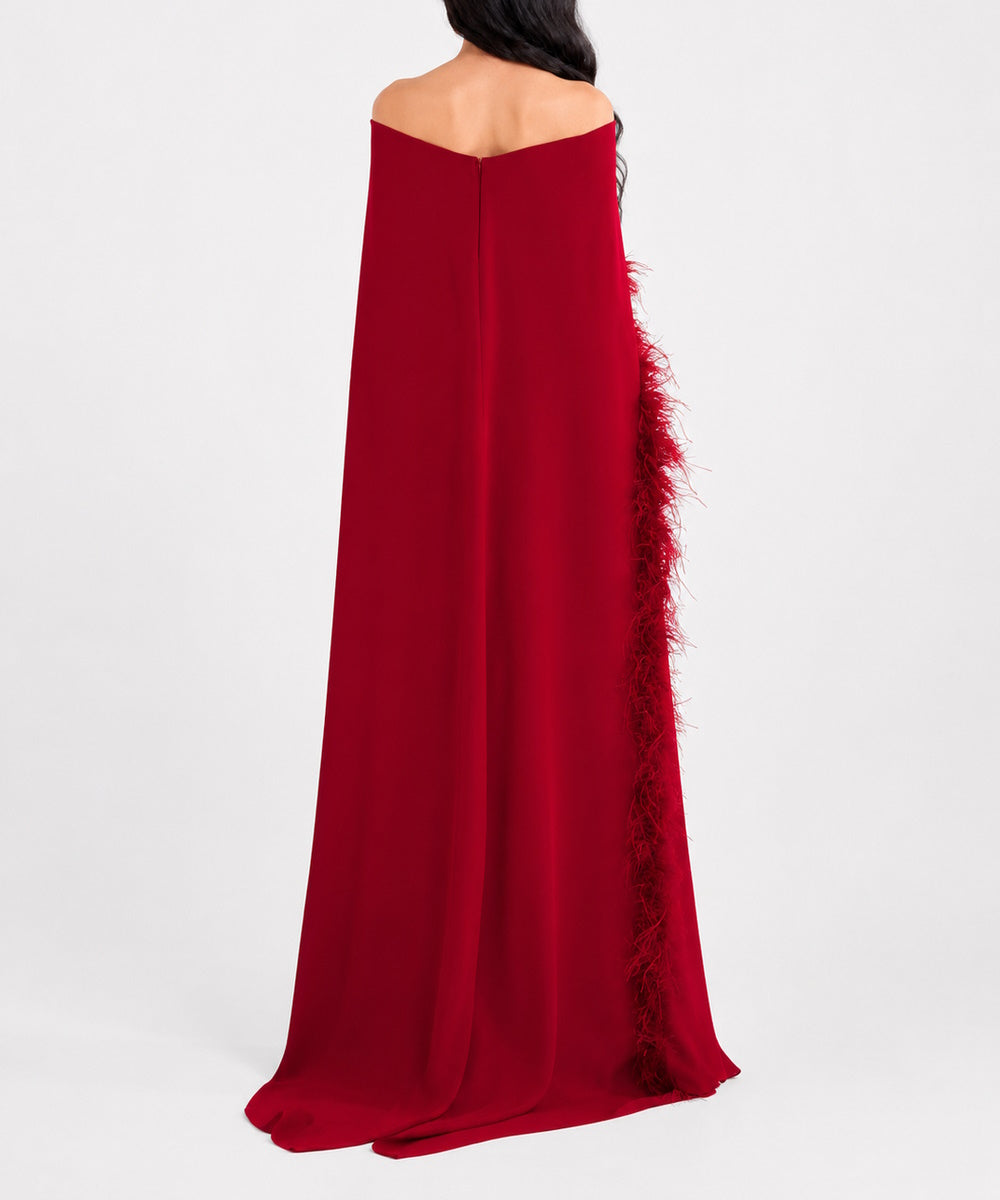 Burgundy Off Shoulder Mermaid Gown With Feather Trim Cape