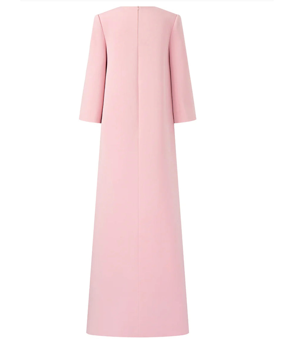 Dusty Pink Three Quarter Sleeve Beaded Mesh Neck Straight Maxi Evening Gown