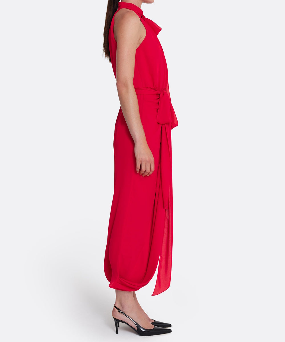 Red Halter Neck Bow Tie Draped Midi Chiffon Cocktail Dress