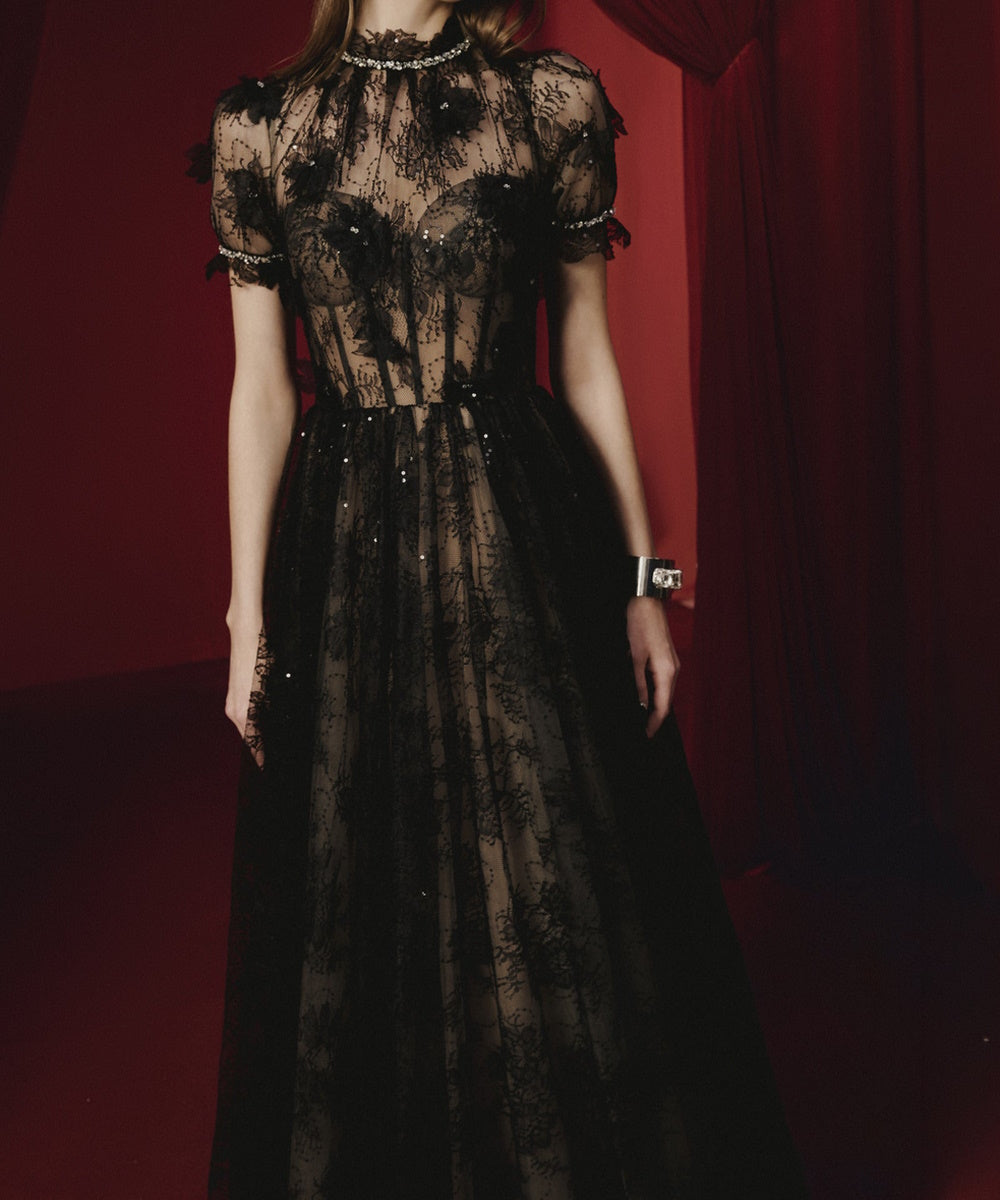 Black High Neck Puff Sleeve Lace Tulle Formal Maxi Dress