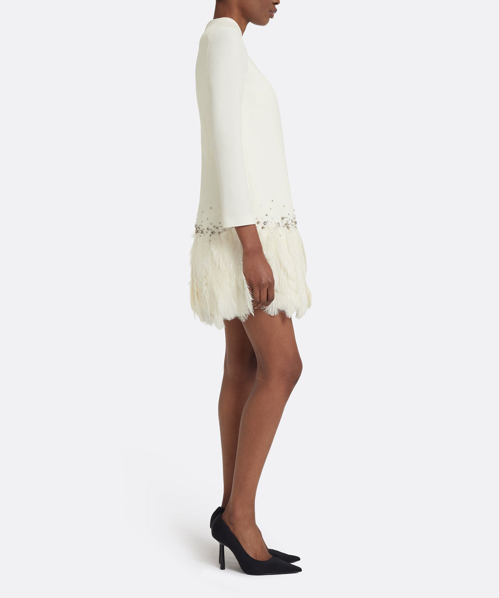 Cream Long‑Sleeve Mini Shift Dress With Crystal Beading And Feather Hem