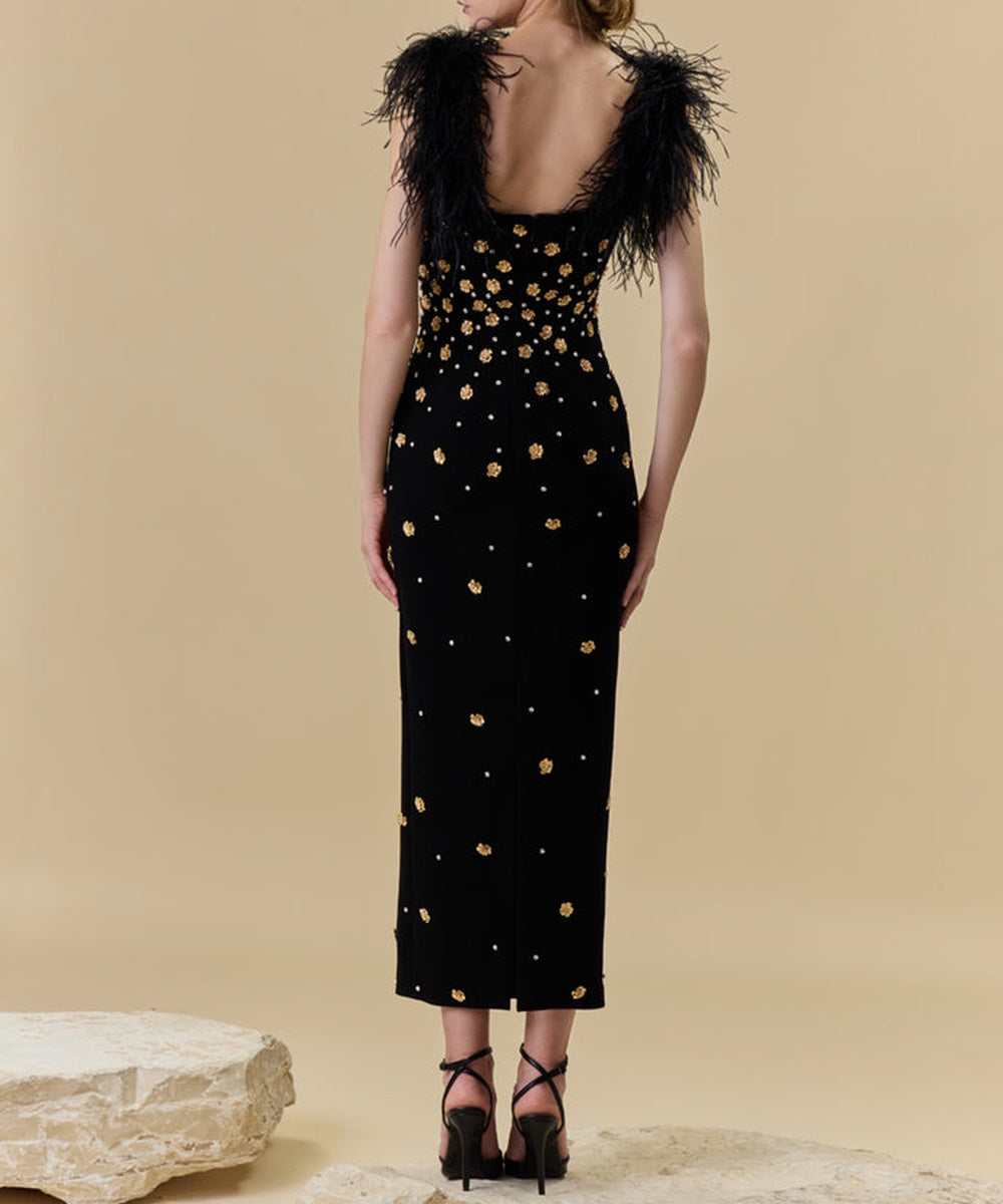 Feather Strap Gold Floral Beaded Midi Evening Dress