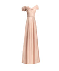 Blush Pink Asymmetric Off Shoulder 3D Floral Pleated Chiffon Maxi Evening Gown