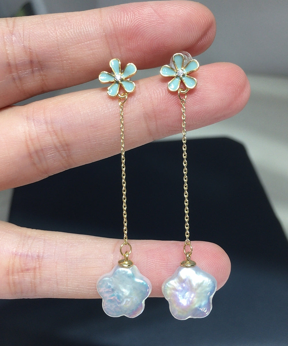 Light Blue Enamel Flower Long Chain Baroque Petal Pearl Drop Earrings