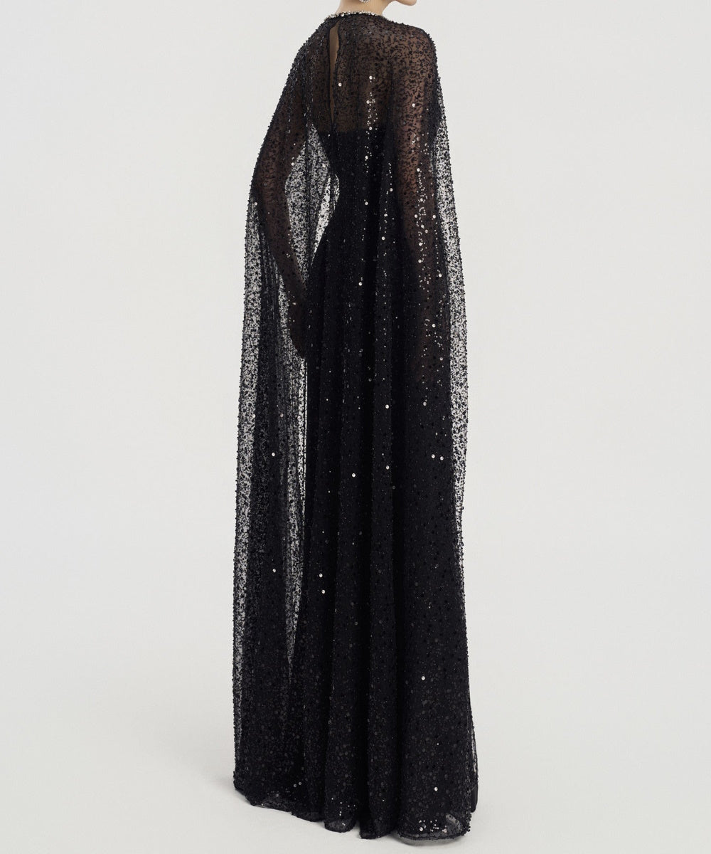 Black Beaded Cape Sleeve Mermaid Formal Evening Gown