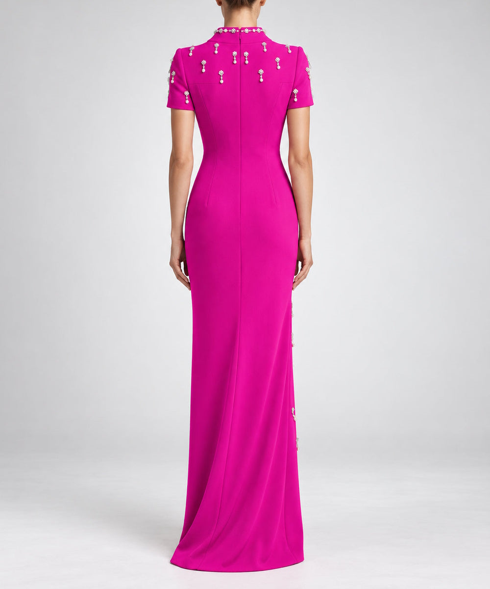 Fuchsia High Neck Short Sleeve Mermaid Gown With Pearl & Crystal Beading