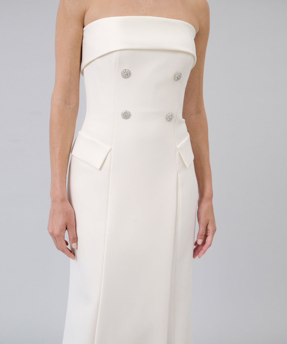 White Strapless Double Breasted Crepe Evening Gown With Crystal Buttons