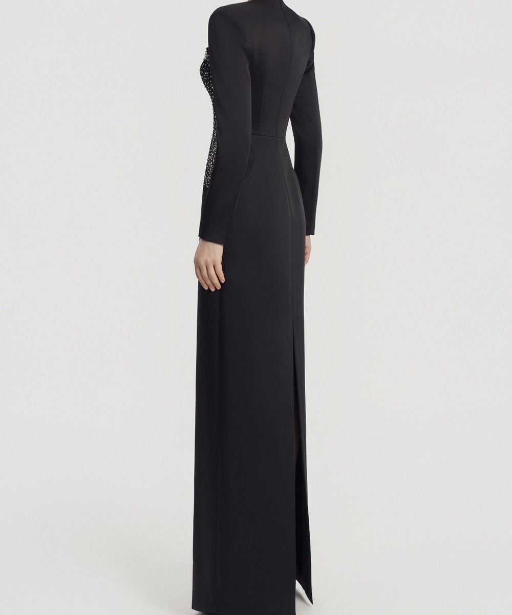 Black Long Sleeve Sweetheart Rhinestone Column Formal Evening Gown