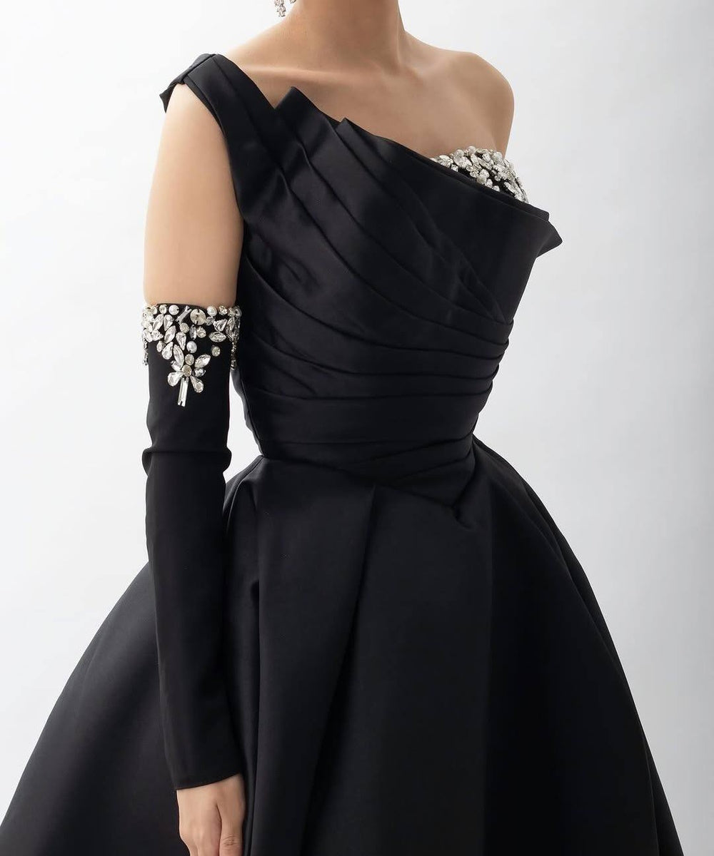 Black Satin One Shoulder Ruched Crystal Embellished Ball Gown With Detachable Arm Cuffs