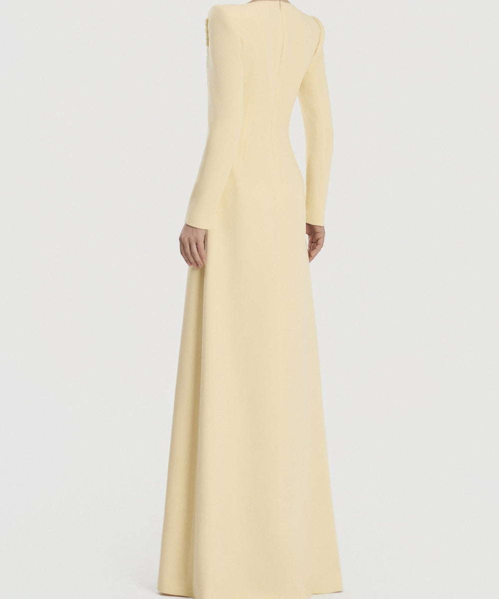 Pale Yellow Long Sleeve Boat Neck Beaded Floral Sheath Formal Gown