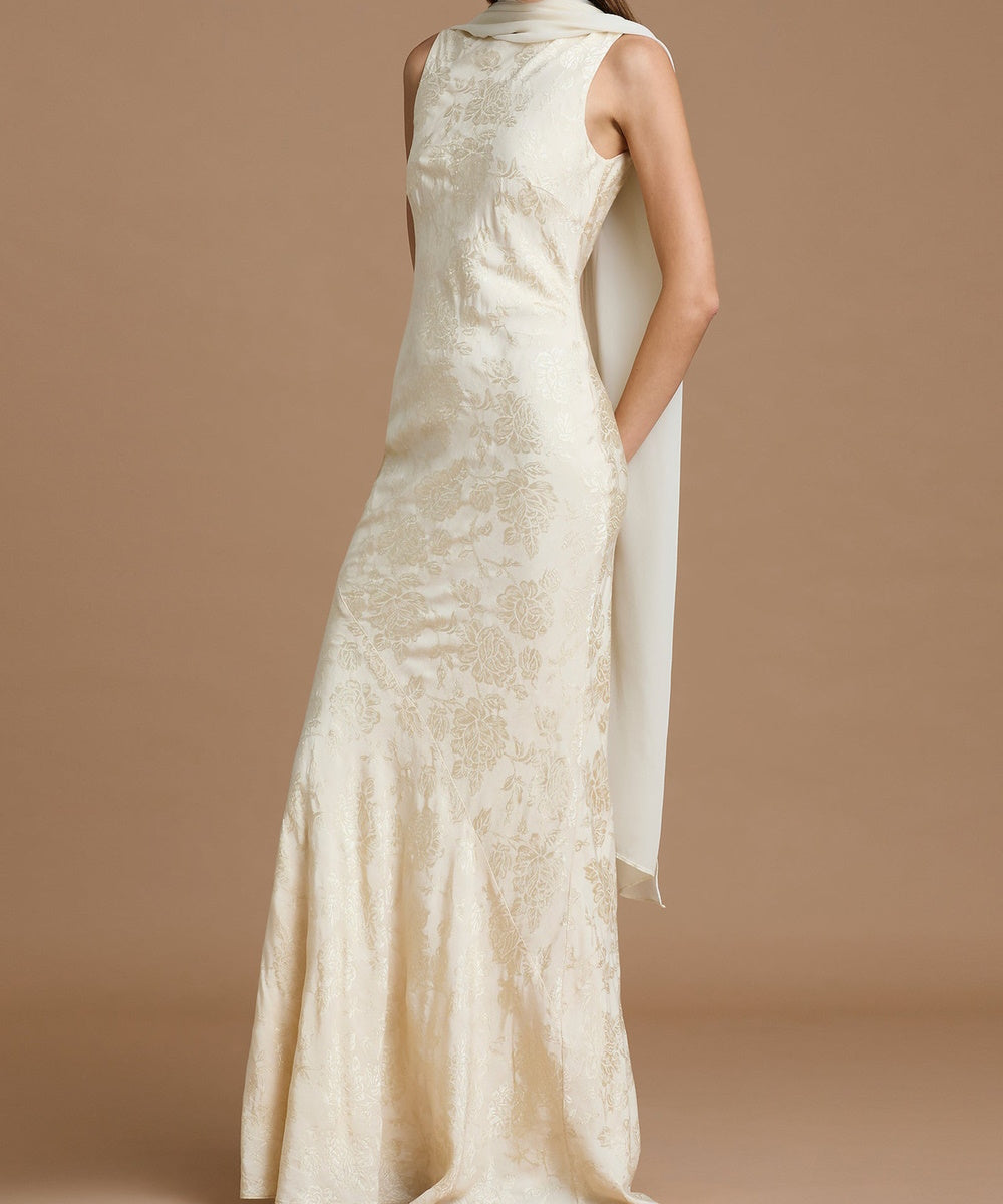 Cream Sleeveless Floral Jacquard Mermaid Maxi Evening Dress with Chiffon Neck Sash