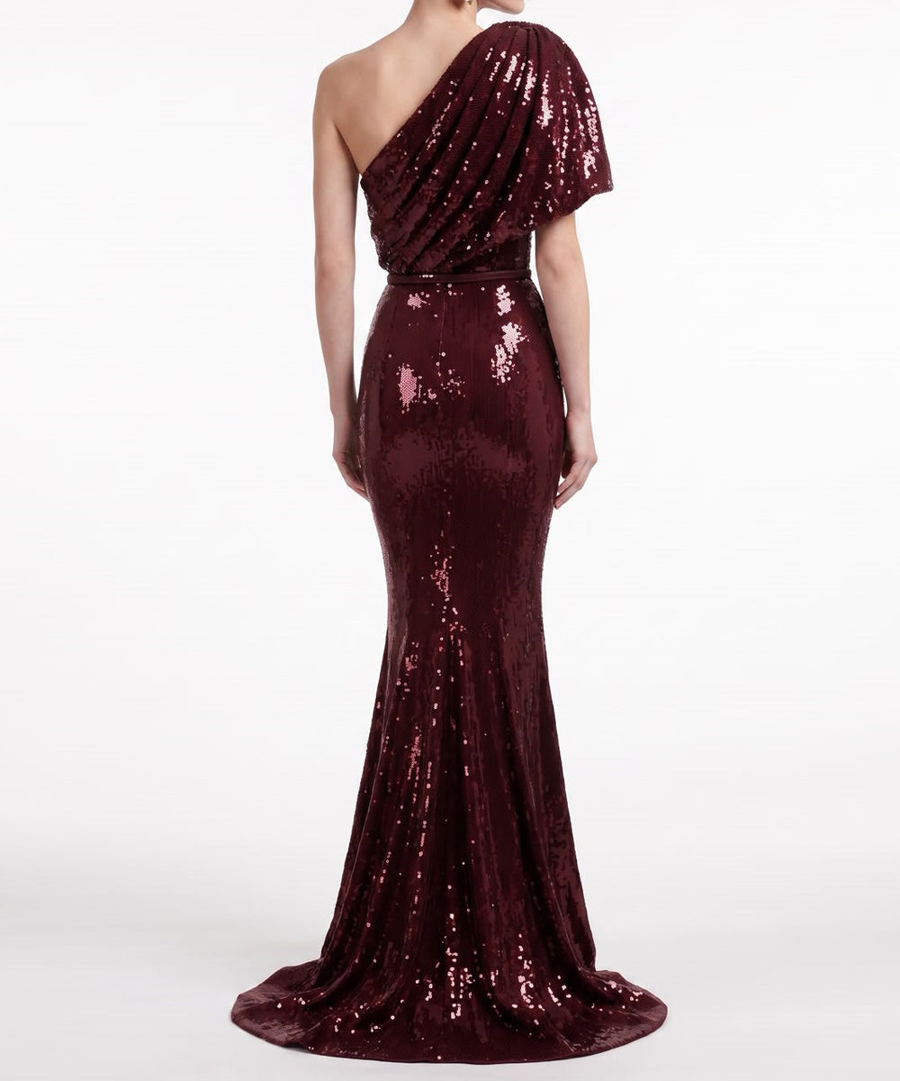 Burgundy One Shoulder Draped Sequin Mermaid Evening Gown