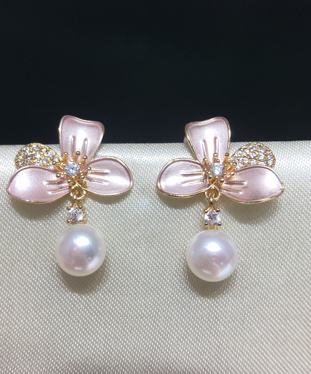 Soft Pink Enamel Flower Crystal Pearl Drop Dangle Stud Earrings
