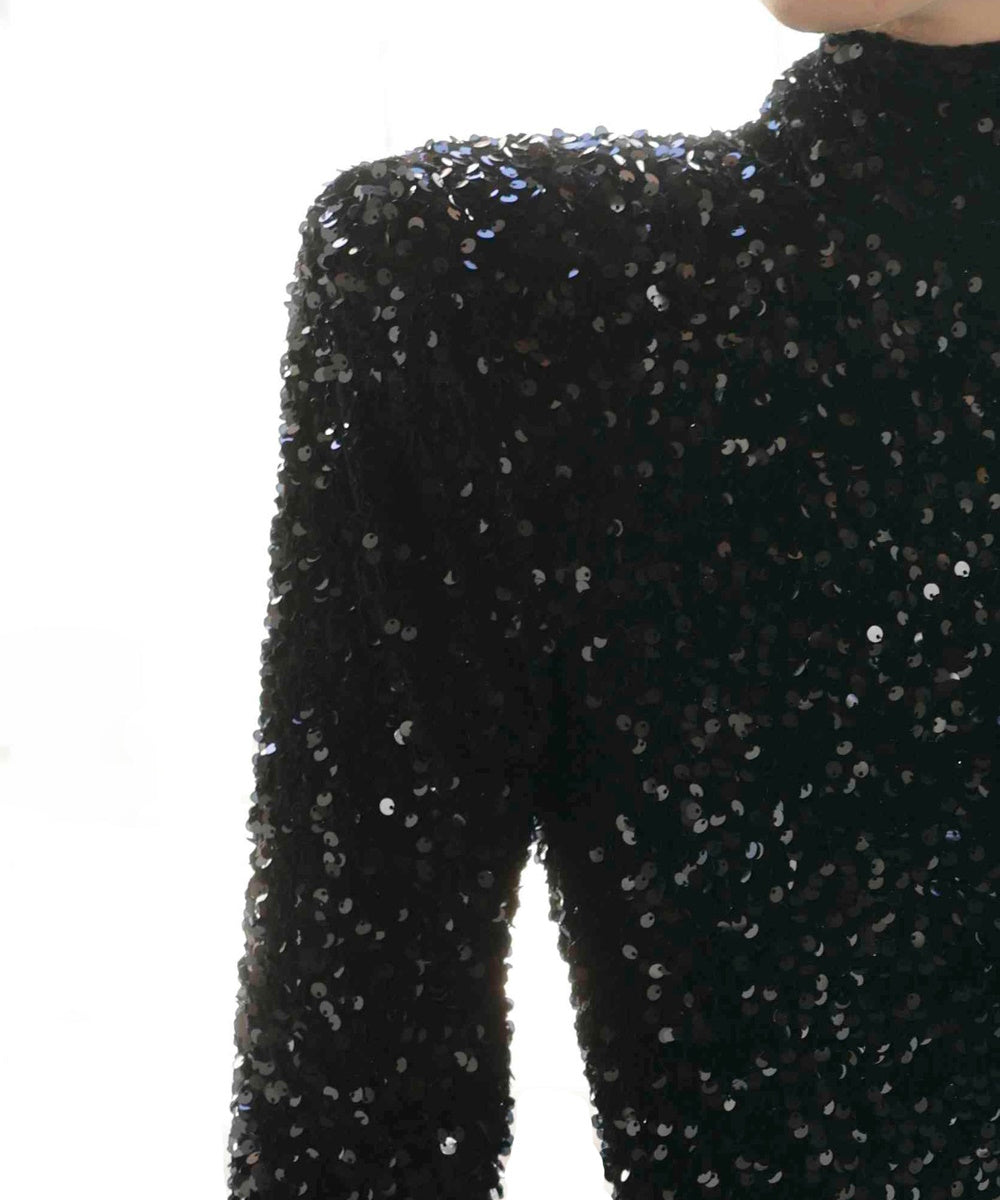 Black Sequin High Neck Long Sleeve Mermaid Evening Gown With Train