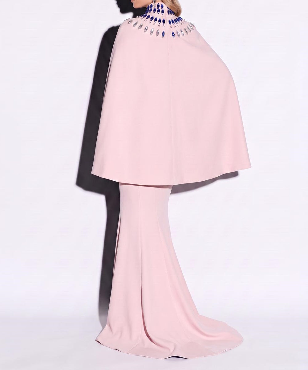 Blush Pink Crystal Embellished High Neck Short Cape Overlay Mermaid Evening Gown
