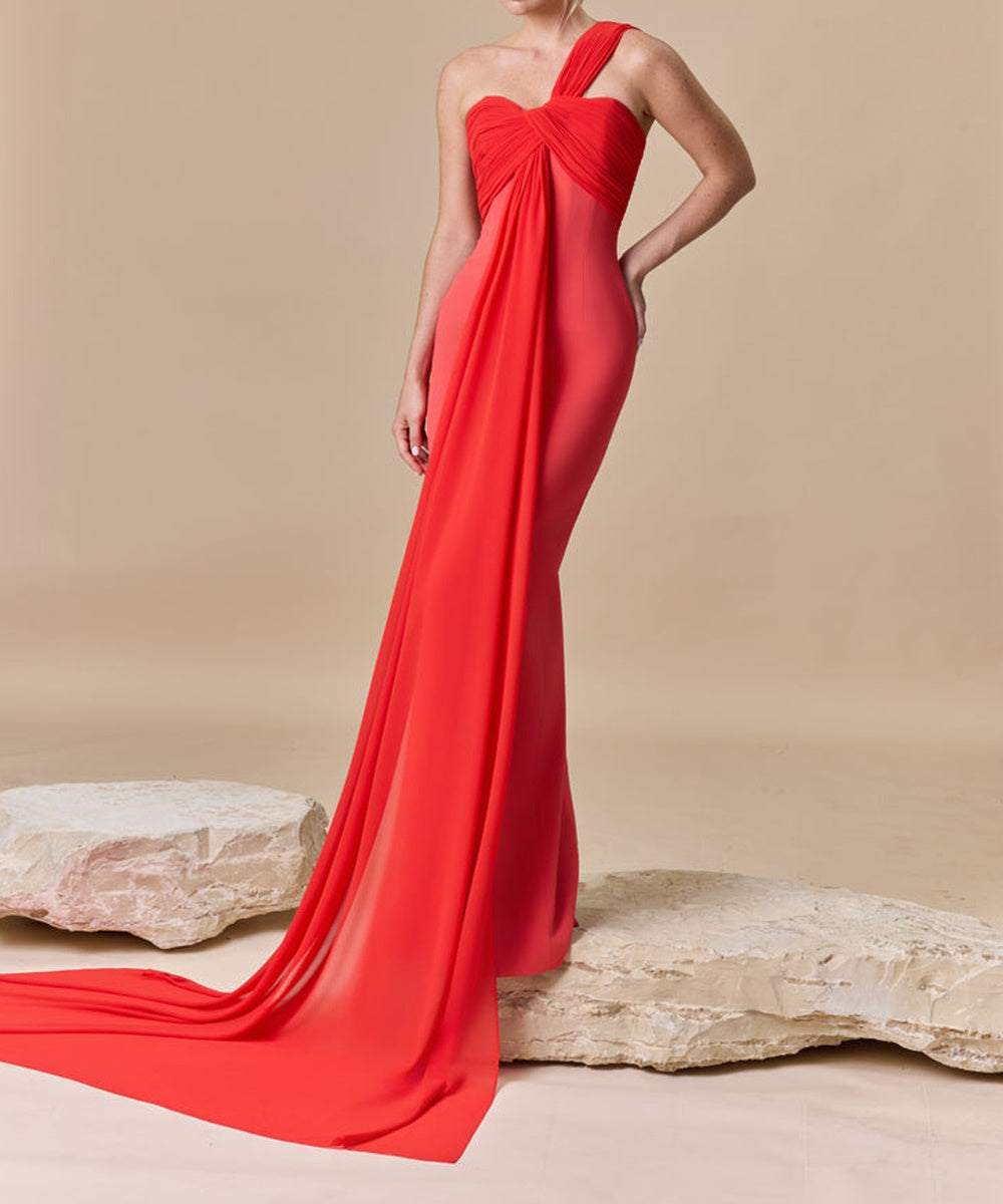 One Shoulder Red Mermaid Evening Gown With Draped Chiffon Train