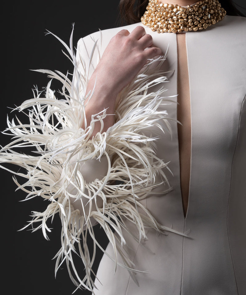 White High Neck Keyhole Front Feather Cuff Long Sleeve Mermaid Maxi Evening Gown