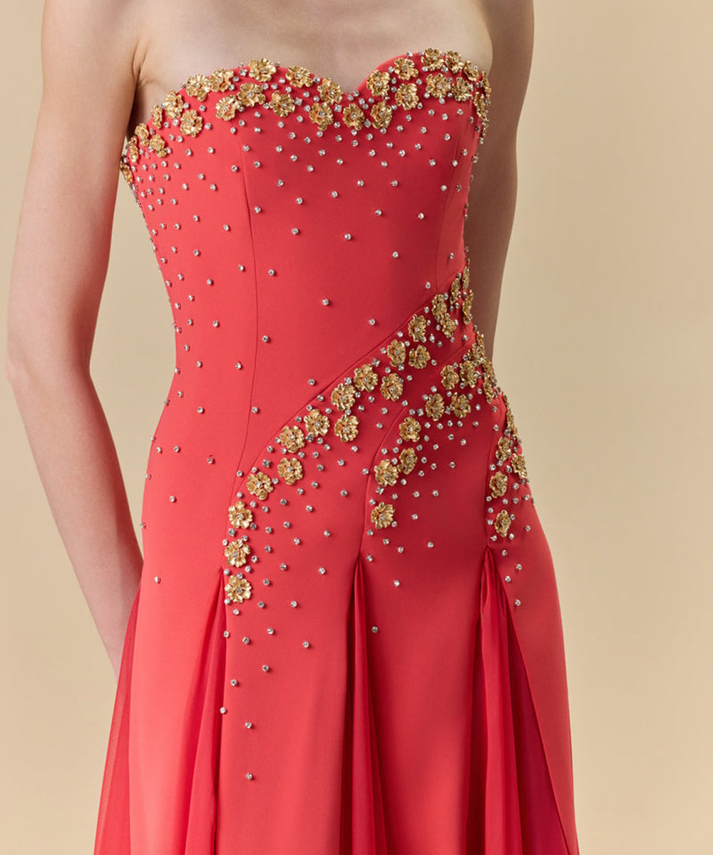 Strapless Sweetheart Red Chiffon Evening Gown With Gold Beading